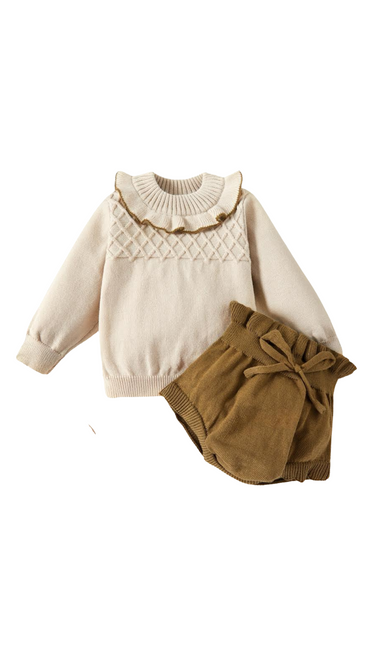 SOLID KNITTED SWEATER PULLOVER & SHORT BABY SET
