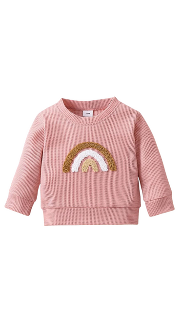 BABY RAINBOW PATTERN WAFFLE LONG SLEEVE SWEATSHIRT - PINK