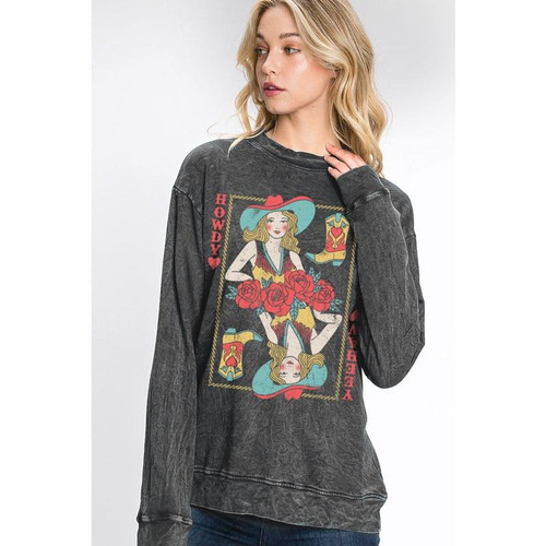 COWGIRL YEEHAW WASHED LONG SLEEVE SWEATSHIRT TOP - BLACK