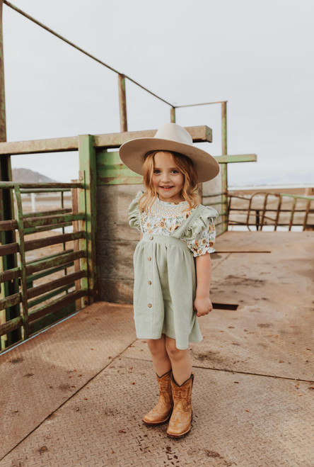 GIRLS SAGE RUFFLE SUSPENDER DRESS