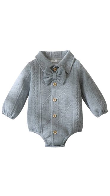 BABY BOY CABLE KNIT BOW TIE BUTTON LONG SLEEVE ROMPER - GREY
