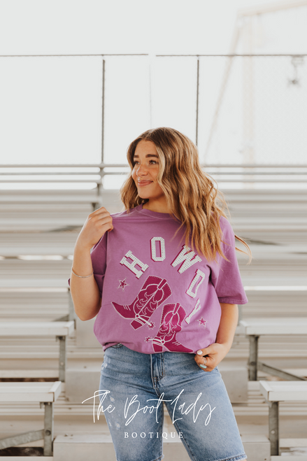 HOWDY RHINESTONE WASHED GRAPHIC T-SHIRT - PURPLE (OVERSIZED)