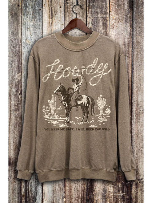 WILD WEST HOWDY COWBOY LONG SLEEVE SWEATSHIRT - MINERAL TAUPE