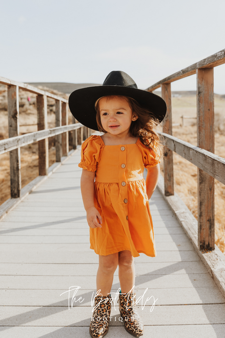 MUSTARD BUTTON PUFF SLEEVE GIRL DRESS