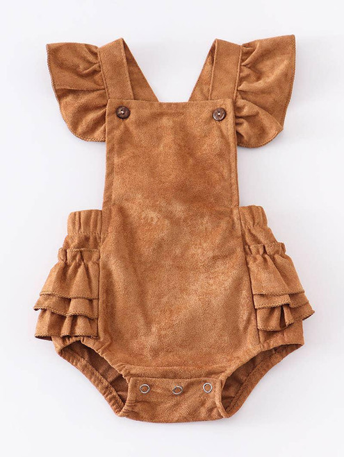 BABY GIRL BROWN SUEDE RUFFLE ROMPER