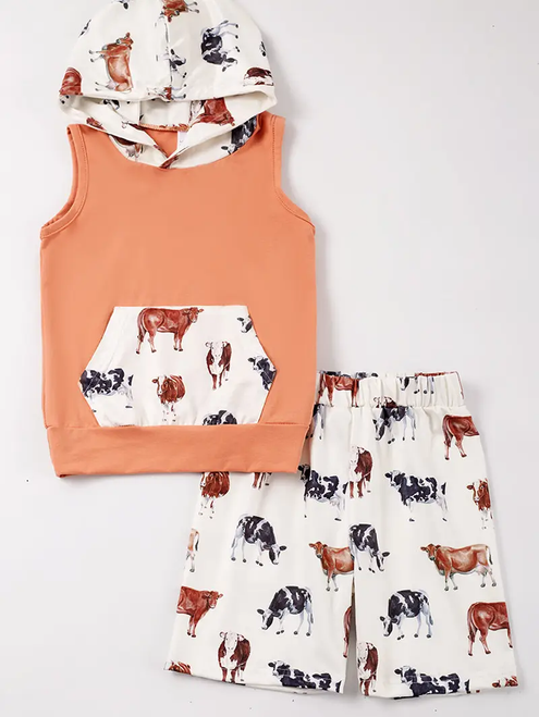 CATTLE PRINT HOODED SHORT SET
