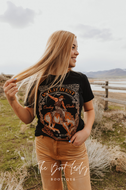WILD WEST COWBOY RODEO SHORT SLEEVE GRAPHIC TEE - BLACK