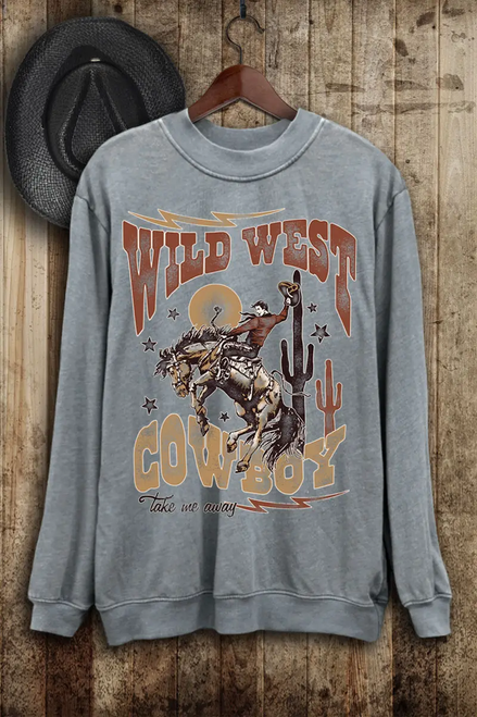 WILD WEST COWBOY LONG SLEEVE SWEATSHIRT - MINERAL GREY