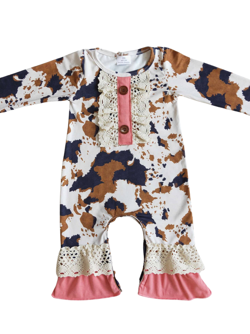 COWPRINT LONG SLEEVE BABY GIRL ROMPER