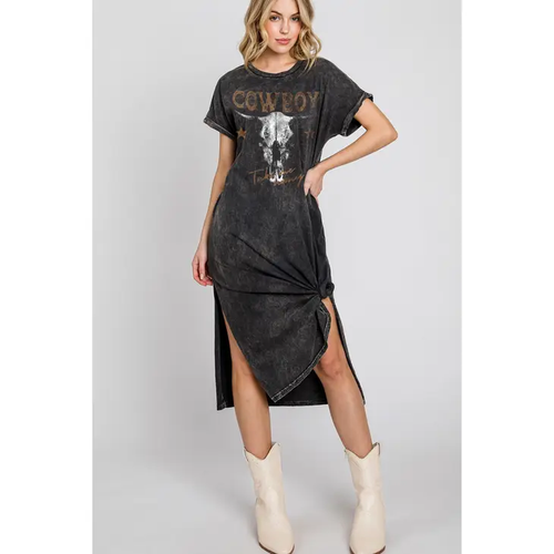 COWBOY TAKE ME AWAY GRAPHIC DRESS - MINERAL WASH BLACK