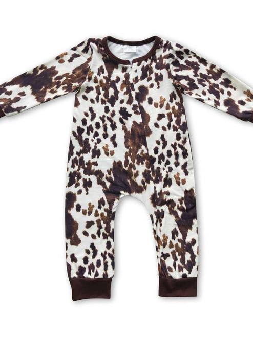 COW PRINT BABY LONG SLEEVE ZIP ROMPER