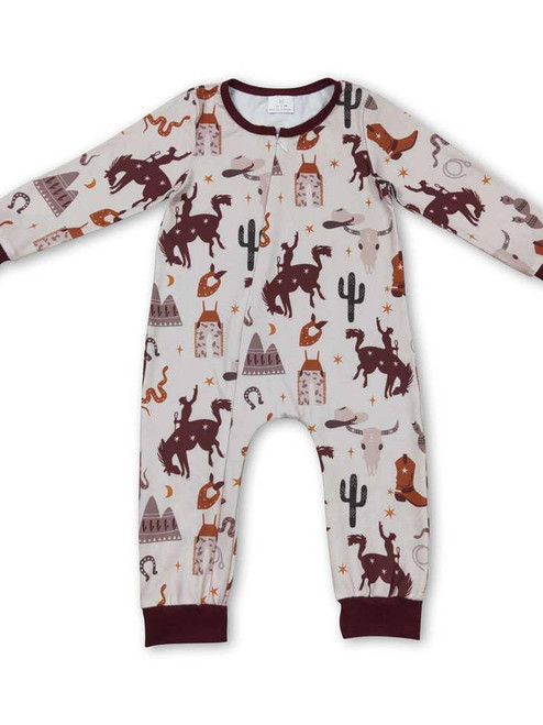 WESTERN PRINT BABY LONG SLEEVE ZIP ROMPER