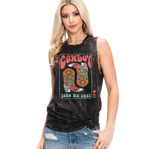 COWBOY BOOTS TAKE ME AWAY GRAPHIC TANK TOP - MINERAL BLACK