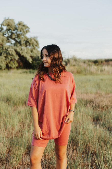 Knit Oversize Tee Shirt An Shorts Casual Biker Set - Rust