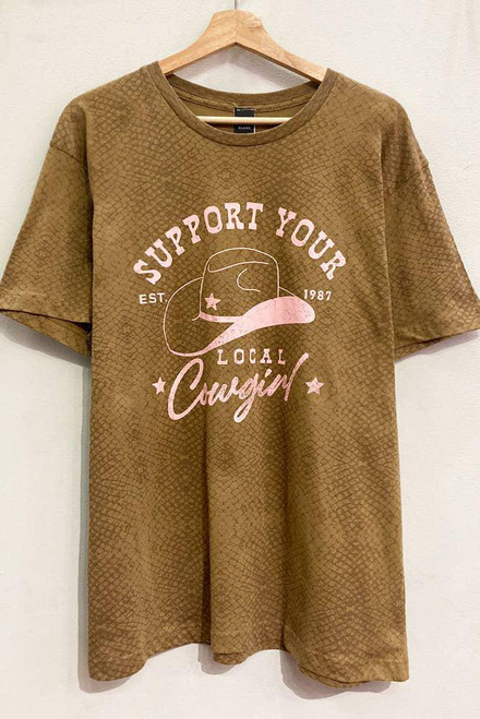 SUPPORT YOUR LOCAL COWGIRL T-SHIRT - BROWN MULTI (OVERSIZED)