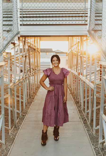 Cotton Poplin Ruffle Slv Smocked Bodice Midi Dress - Grape Nectar