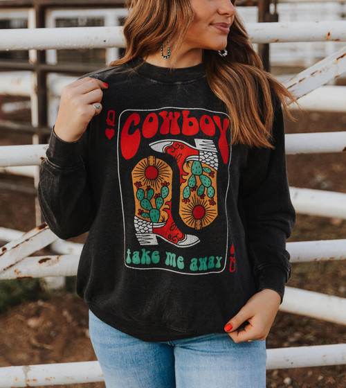 COWBOY TAKE ME AWAY BOOTS LONG SLEEVE SWEATSHIRT - MINERAL BLACK