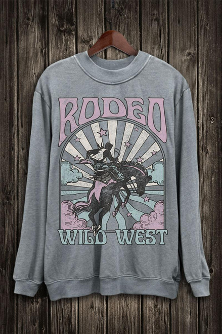 RODEO WILD WEST BRONC LONG SLEEVE SWEATSHIRT - MINERAL GREY