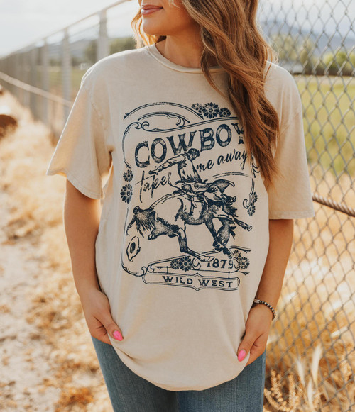 COWBOY TAKE ME AWAY WILD WEST OVERSIZED GRAPHIC TEE - MINERAL OATMEAL