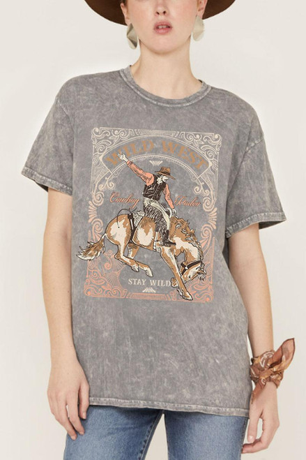 WILD WEST COWBOY RODEO SHORT SLEEVE GRAPHIC TEE - MINERAL GREY