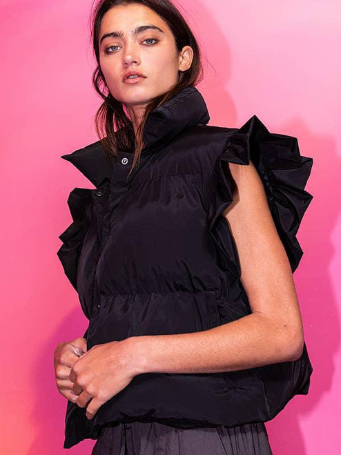 Ruffle Sleeve Crop Down Vest - Black