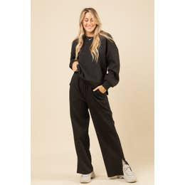 Quilted Double Knit Loungewear Top & Pants Set - Black