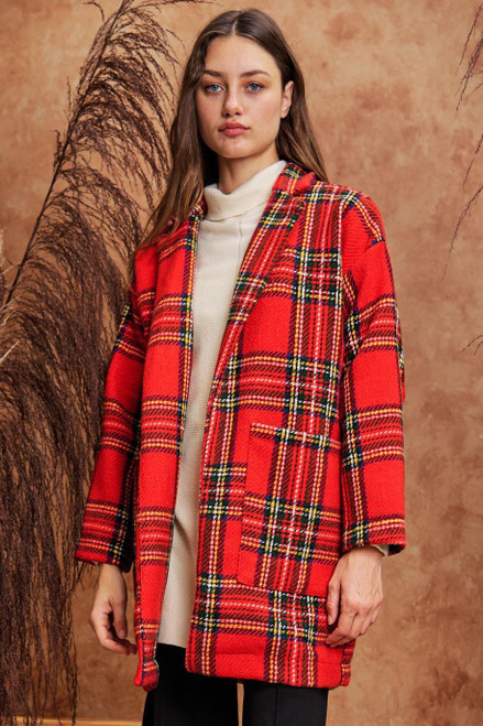 Multi Flannel Loose Fit Pocket Open Long Jacket - Red Multi