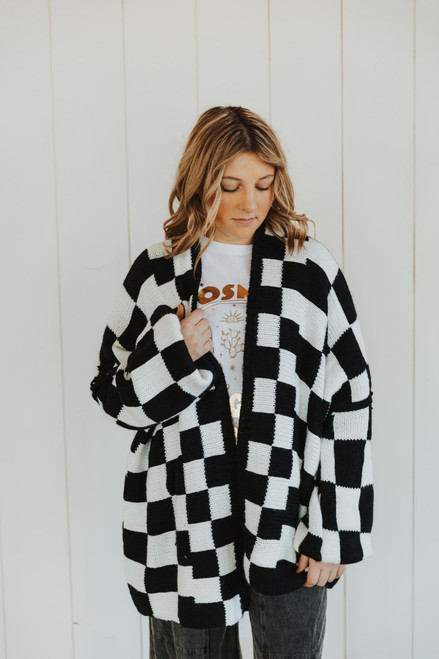 Check Dropped Shoulders Cardigan - Black & White