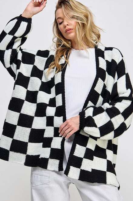 Check Dropped Shoulders Cardigan - Black & White