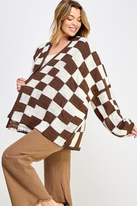 Check Dropped Shoulders Cardigan - White & Brown