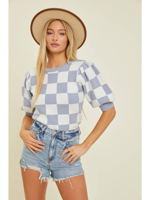 CHECK PUFF SLEEVE TOP - GREY