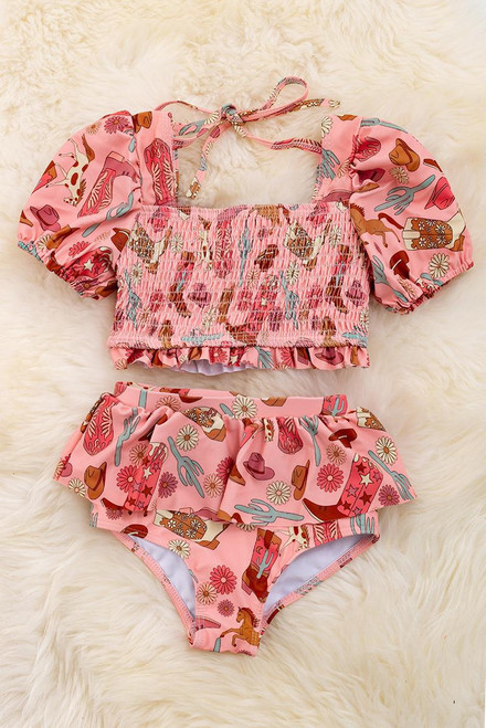Smocked Bikini Swimsuit with Western Print
