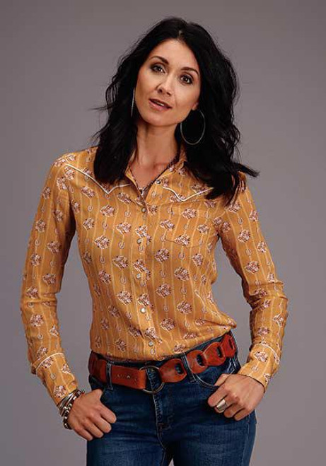 Women's Viscose "Horseshoe Wallpaper" Print Western Long Sleeve Blouse 11-050-0590-0321 YE