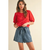 Puff Short Sleeve Button Down Knit Cardigan - Red