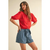 Puff Short Sleeve Button Down Knit Cardigan - Red
