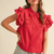 Embroidered Cut Out Button Down Top - CHERRY RED