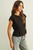 Round Neck Waist Detailed Cap Sleeve Top - Black