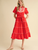 Embroidered Puff Sleeve Tiered Midi Dress - CHERRY RED