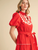 Embroidered Puff Sleeve Tiered Midi Dress - CHERRY RED