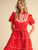 Embroidered Puff Sleeve Tiered Midi Dress - CHERRY RED