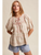 Striped Floral Lace Trim Peasant Blouse - TAUPE