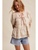 Striped Floral Lace Trim Peasant Blouse - TAUPE