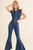 Ruffle Sleeve Button Up Bell Bottom Denim Jumpsuit - Med Wash