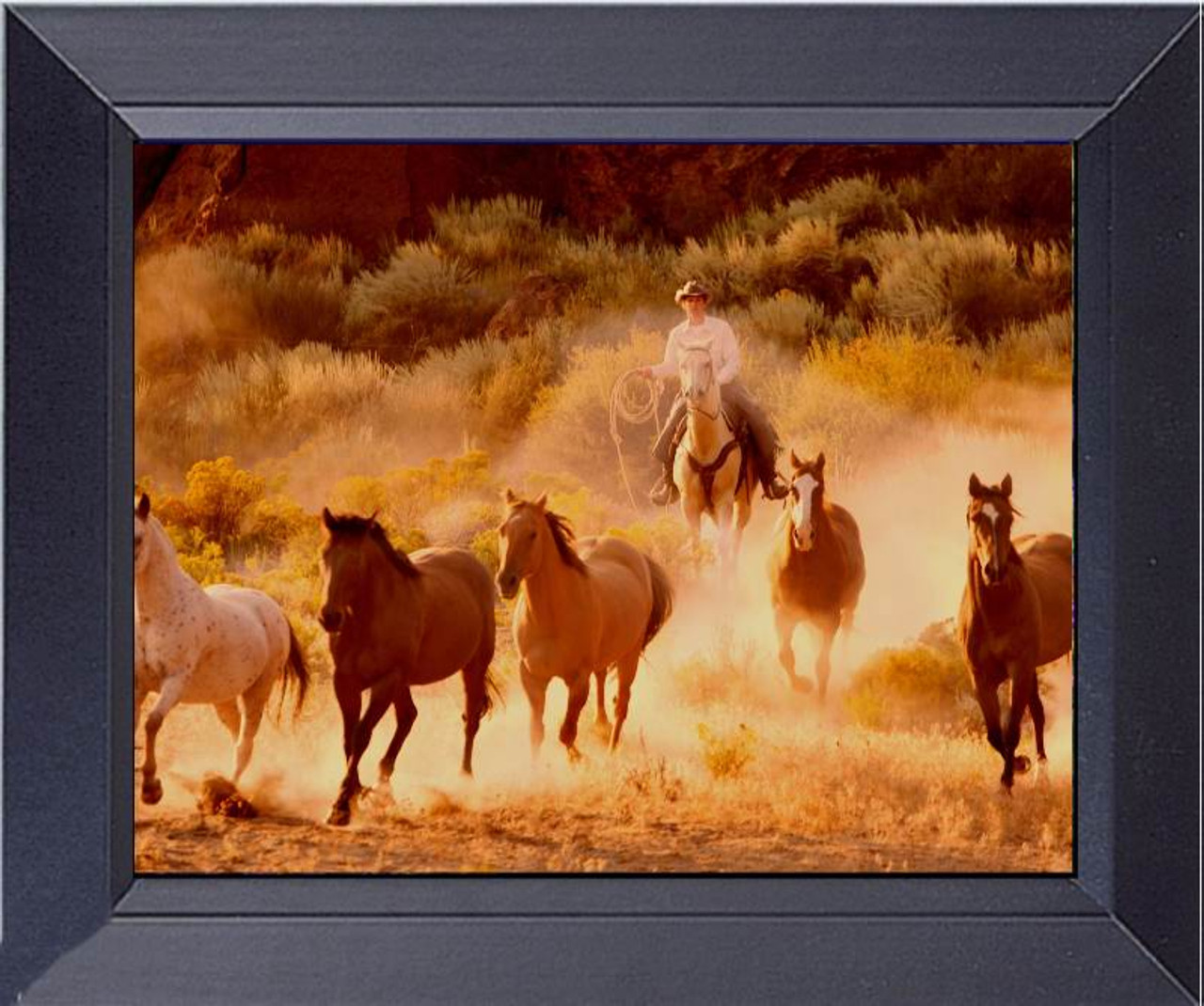 Dusty Sunset Wild Mustang Horses Roundup Framed Art Photograph Print Framed Print