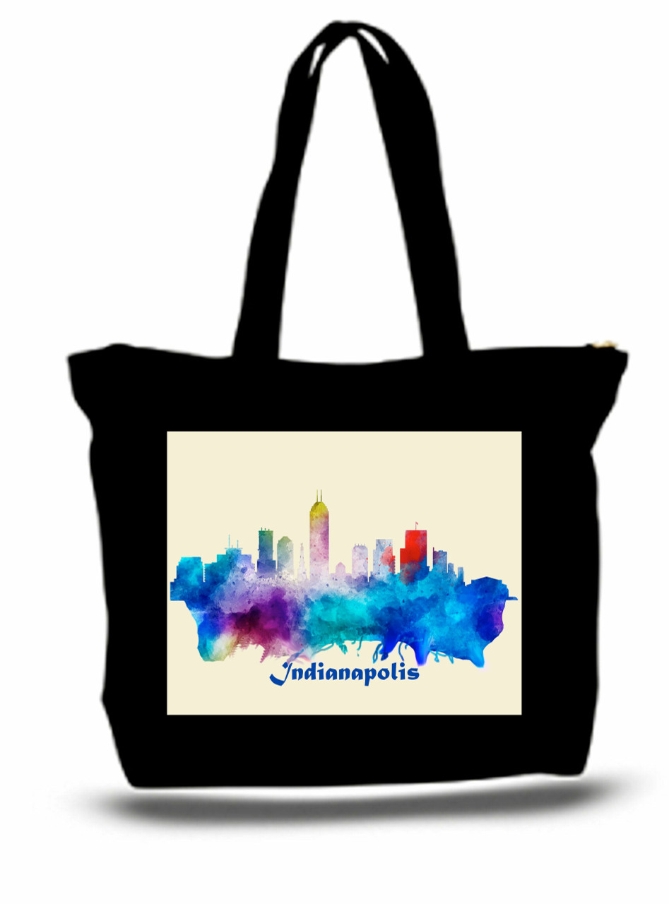 Indianapolis City and State Skyline Watercolor Tote Bags