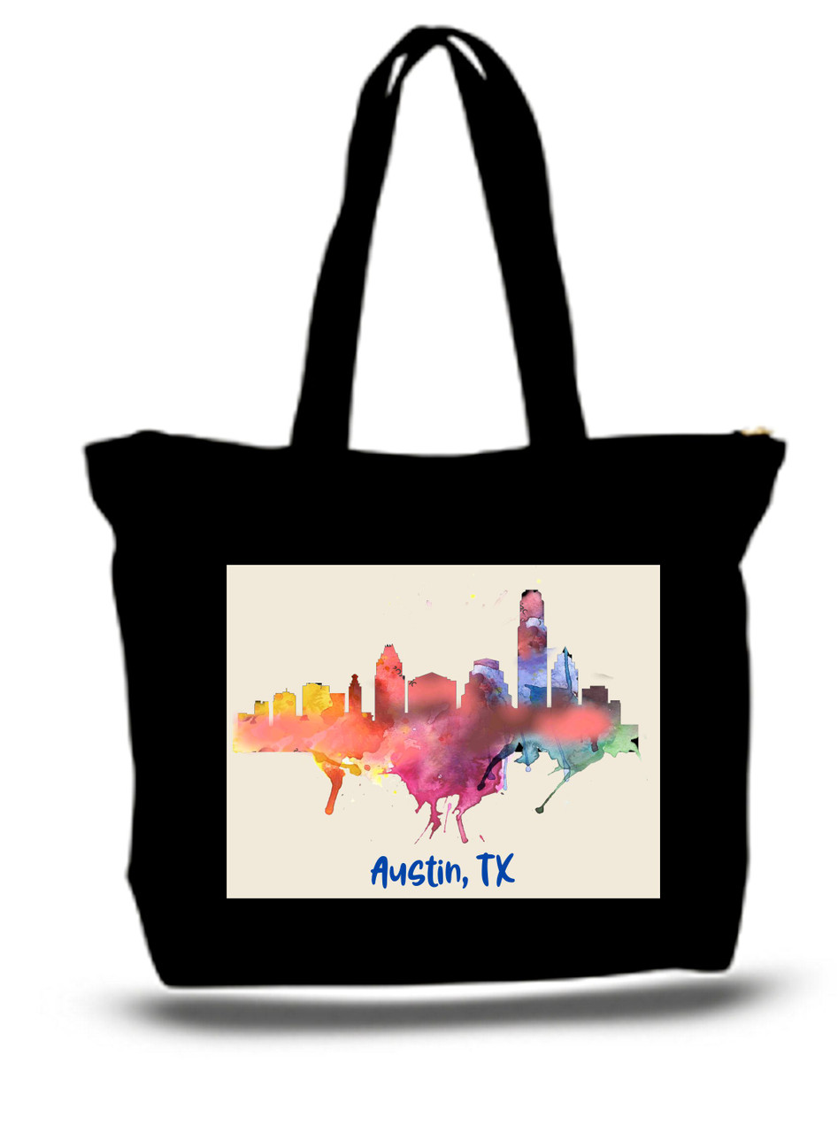 Austin City and State Skyline Watercolor Tote Bags