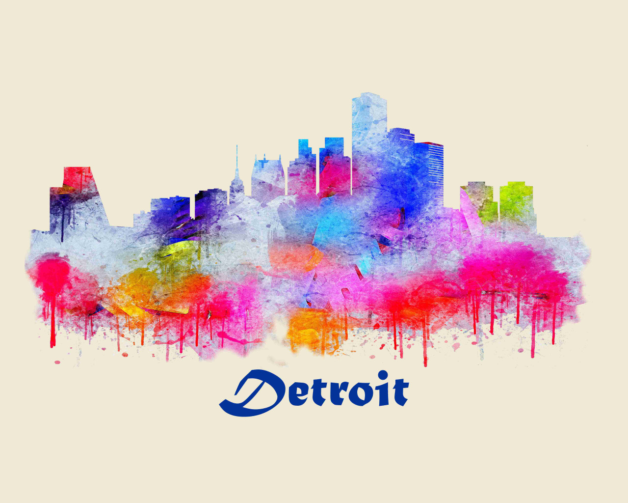 City Of Detroit Watercolor Skyline Art
