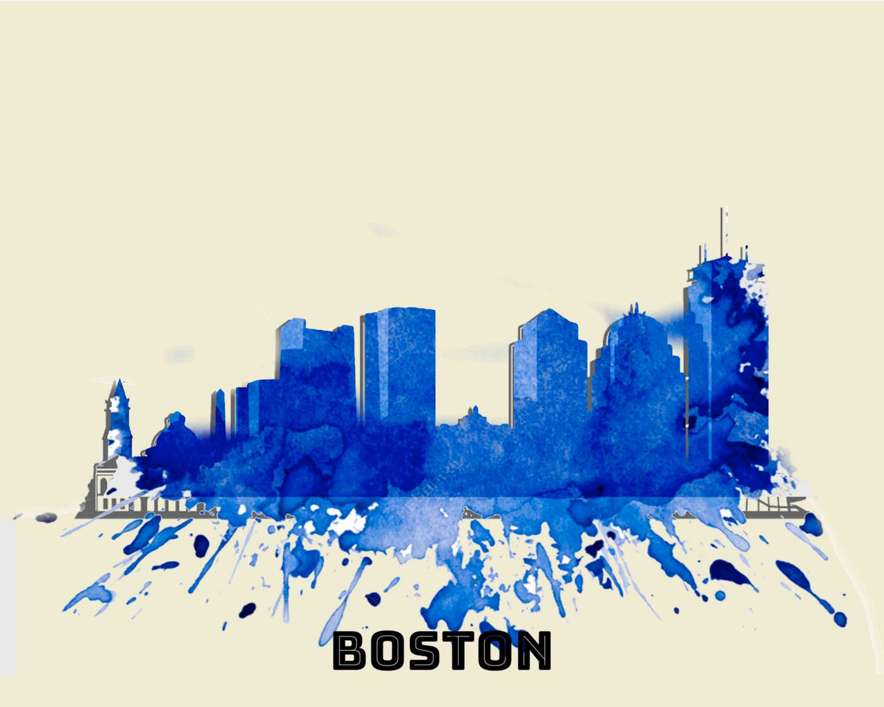 City Of Boston Blue Watercolor Skyline Art