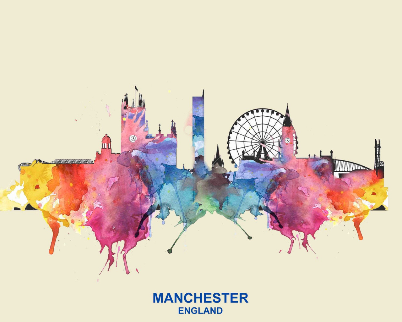 City Of Manchester Watercolor Skyline Art