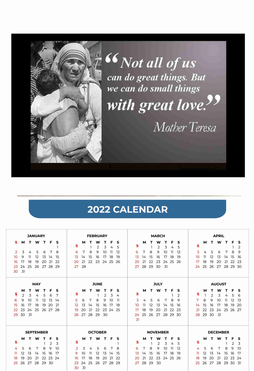 Year At a Glance  Calendar Glance 2022  Mother Theresa Famous Quote